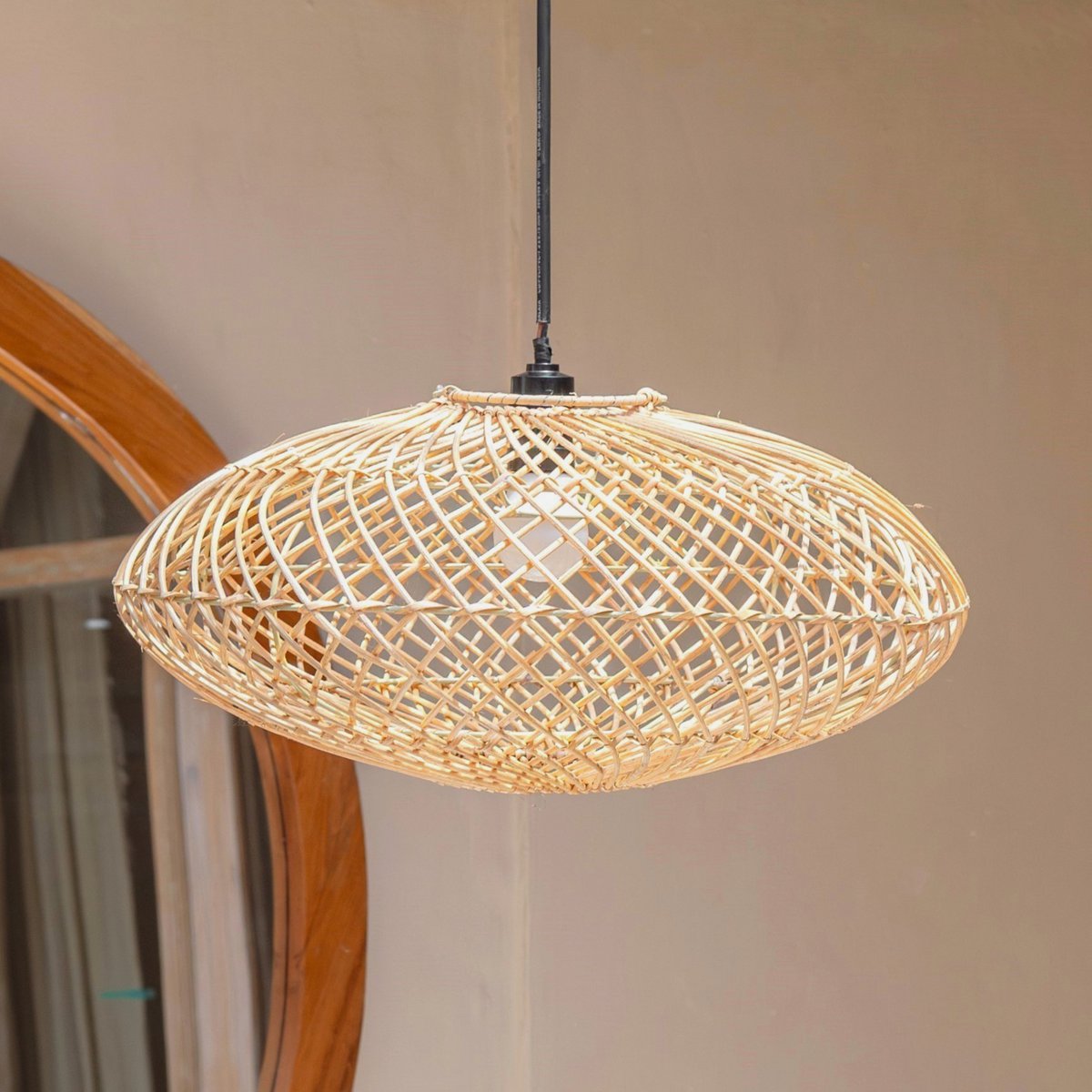 ARANA Rattan Lampshade – Flat Handwoven Boho Light - CozyVibe.eu